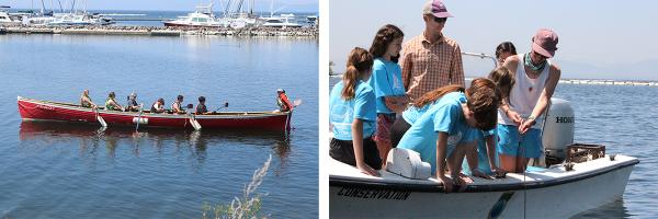 Students enjoying Lake Champlain from the water side by side photos of students rowing and students taking secchi disks on Lake Champlain
